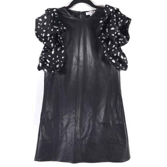 THML Dresses & Skirts - THML Lucia Mini Dress Faux Leather Polka Dot Ruffle Sleeves THS1220-1-BK SMALL